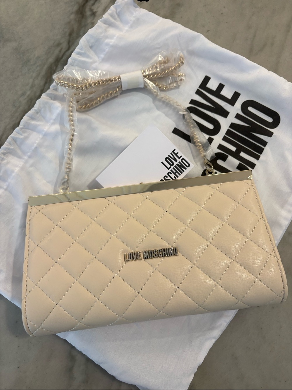 Love Moschino Quilted Ivory Clutch Bag with Gold Trim